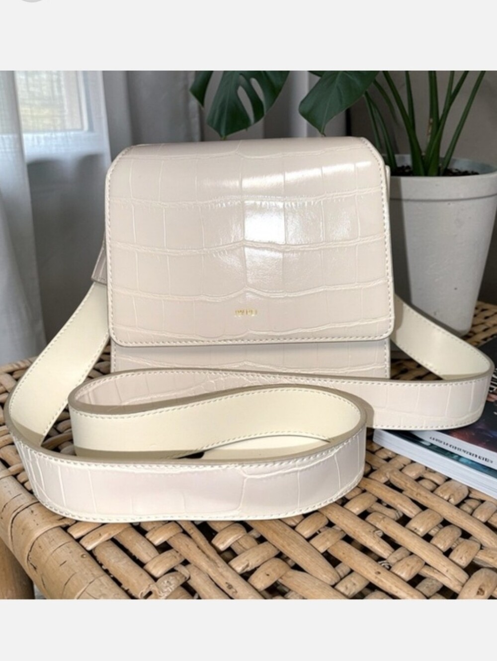 JW Pei Croc Embossed Mini Shoulder Bag Cream Vegan Leather Gold Hardware